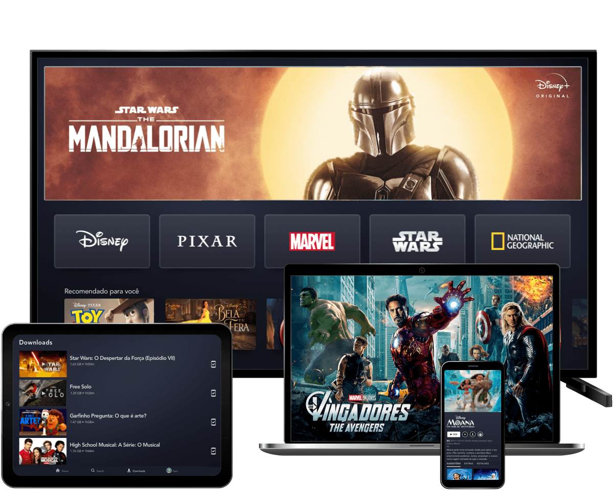 Imagem com televisor, computador, tablet e celular